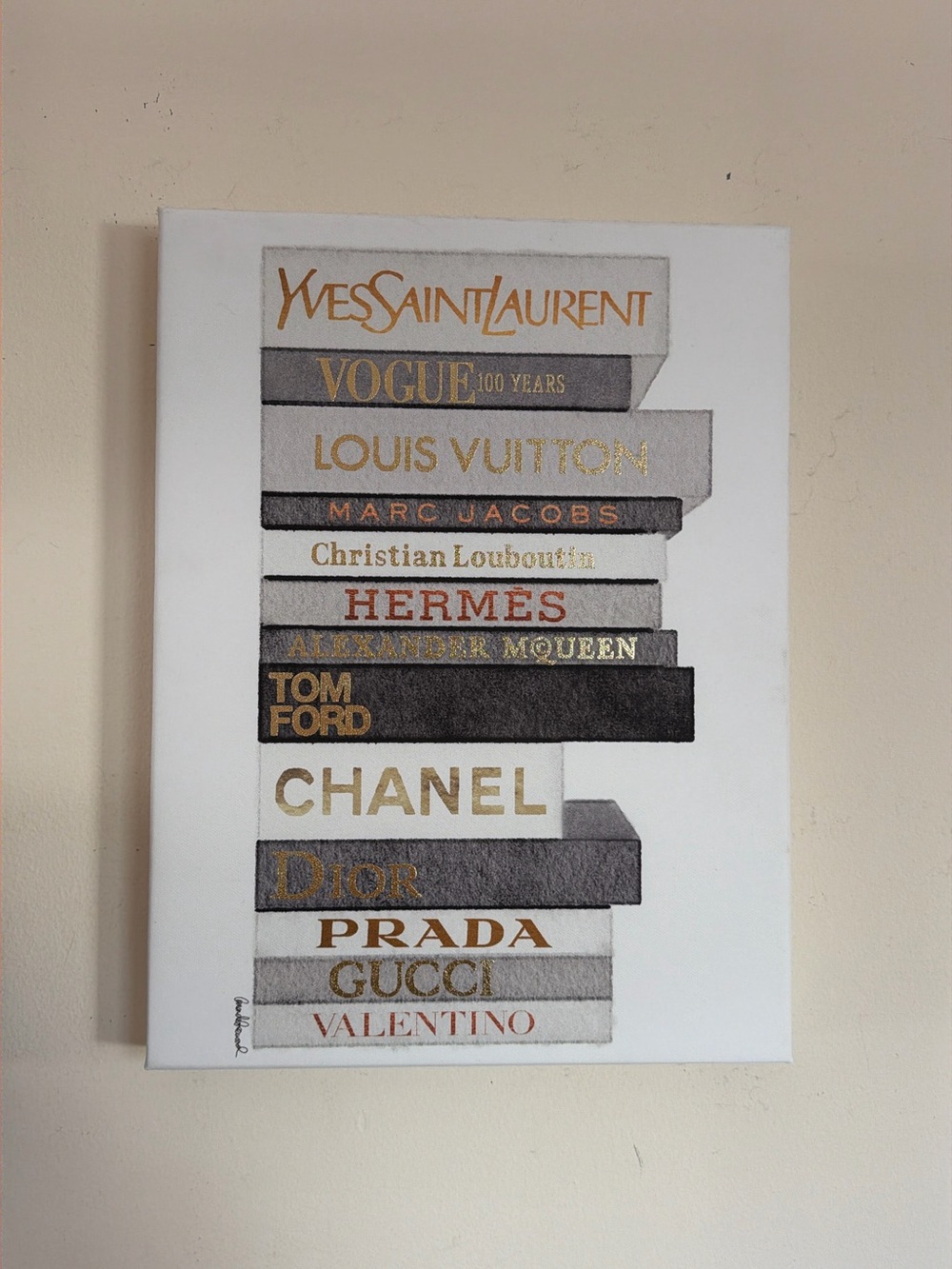 Luxury Fashion Book Stack Canvas Art - Gold & Gray Accent